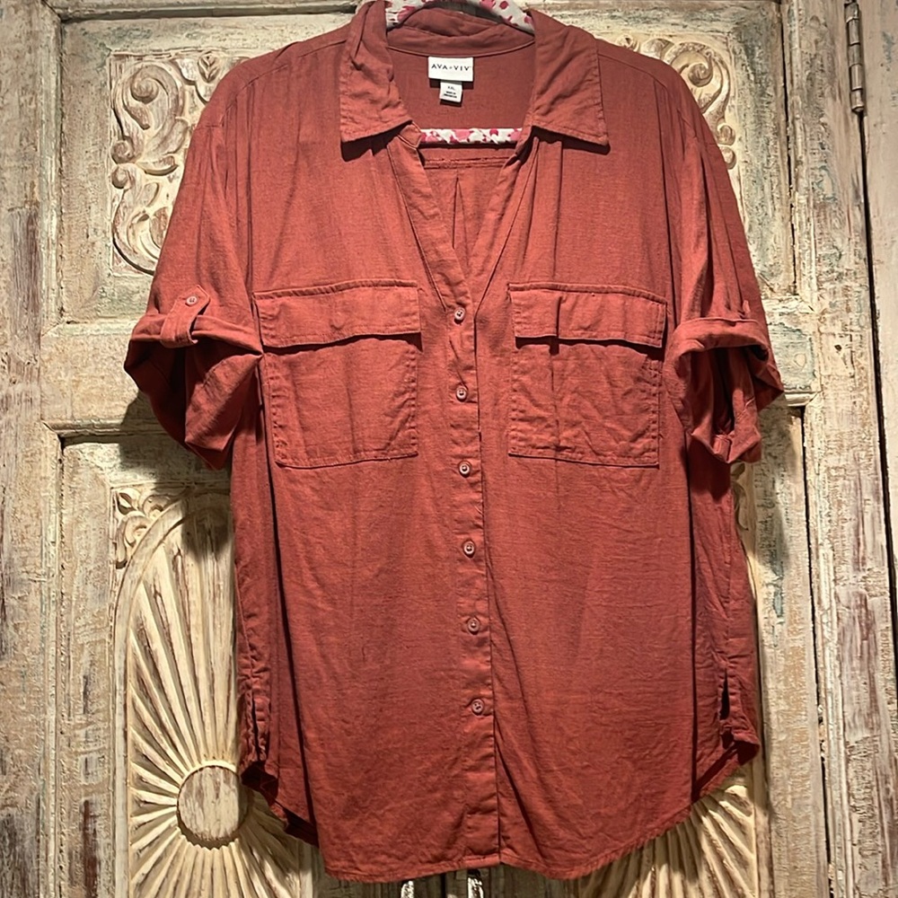 EUC Ava &Viv Short Sleeve Linen Front Button-Down Shirt /Brown (Burnt Siena) XXL